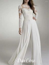 Party Dresses Jumpsuits Wedding Jewel Neck Floor Length Chiffon Lace Long Sleeve Simple With Appliques 2024