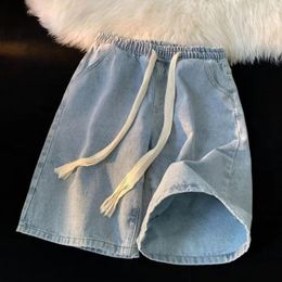 Men's Jeans Elastic Waistband Denim Shorts Men Wide-leg Drawstring With Pockets For Quick-drying