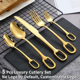 5Pcs Luxury Tableware Set tainless Steel Knife Fork Spoon Cutlery Set Elegant Dinnerware Set Hangable Design Customizable Logo