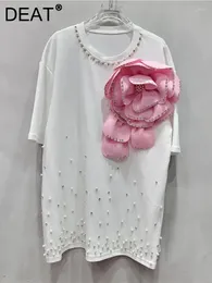Women's T Shirts Trendy Fashion Spliced 3D Flower Diamonds Collar Edge T-shirt 2024 Summer O-neck Short Sleeves Tops Female 11XX9020