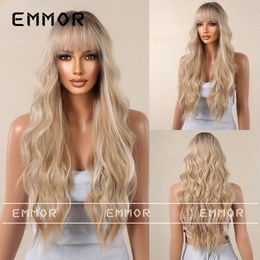 human curly wigs Light wig with full bangs brown gradient gold full head cover ladies cosy large waves fashionable and natural hair