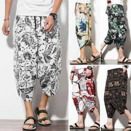 Men's Pants Summer Mid-rise Elastic Waistband Drawstring Pockets Cropped Ethnic Style Retro Print Harem Trousers Fashion Clothes