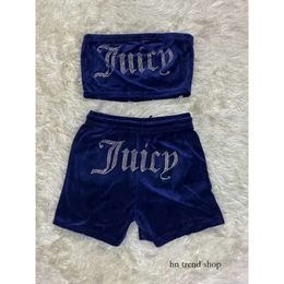 2024 Women's Two Piece Pants Juicy Apple Veet Sexy with Drill Fashion Tube Crop Top Casual Drawstring Shorts Set Loose Summer Clothes Tracksuit 666eee 101