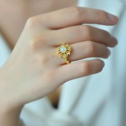 Cluster Rings Natural Hetian Jade Ring Gemstone Gold Plated Diamond-studded Decorative Border Jewelry Metal Accessories Female