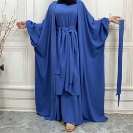 Ethnic Clothing Dubai Arabian Dress Muslim Sets Three-piece Long Sleeve O-Neck Turkish Casual Solid Lace-up Women Matching Set Ladies