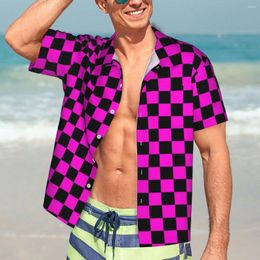 Men's Casual Shirts Pink Black Checkerboard Shirt Missing Texture Vintage Summer Men Short Sleeve Beach Breathable Oversize Blouses