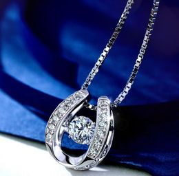 100 real Solid 925 Sterling Silver Necklace Beautiful Dancing Diamond CZ Stone Horseshoe Pendant For Gift2113112
