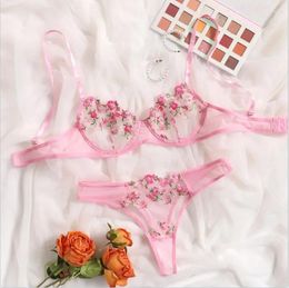 Bras Sets 2024 Lace Sexy Floral Embroidery Transparent Short Lingerie Woman Underwear Skin Care Kits Delicate Fairy 2 Pieces Set