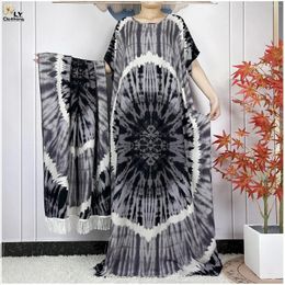 Ethnic Clothing 2024 Summer Party Dubai Short Sleeve Women Dresses With Big Scarf African Dashiki Cotton Tie-dyed Islam Maxi Casual Loose