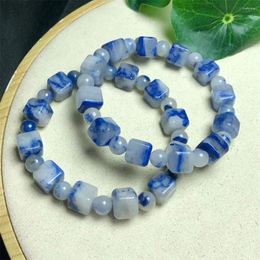 Link Bracelets Natural Dumortierite Cube Bracelet Women Fashion Healing Crystal Round Beads Lovers Strand Jewelry Gift 1PCS