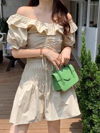 Work Dresses Korean Summer Two 2 Piece Sets Women Outfit Off Shoulder Drawstring Crop Tops Mini Skirt Suits Vintage In Matching