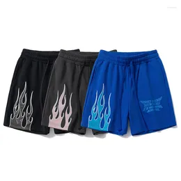 Men's Shorts Flame Embroidered Patch Loose Straight Black Blue Gray Terry Cloth Drawstring Shortpant For Men And Women