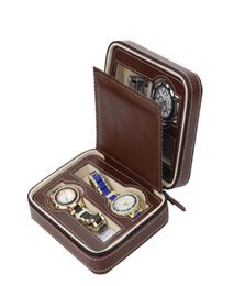 Luxury Brown Zippered Sport Storage Watch 4 Case Organizer Leather Watch Travel Case For Four Watches Velvet Lining Whole Boxe301Q1884190