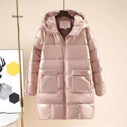 Women's Down Black Glossy Hooded Parkas Coat 2024 Winter Thick Cotton Padded Jacket Windproof Rainproof Warm Loose Outwear Female