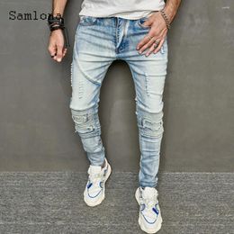 Men's Jeans 2024 Mens Vintage Pleated Demin Pants Soft Trouser Skinny Pencil Men Fashion Zipper Pocket Sweatpants