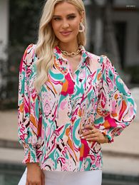 Women's Blouses 2024 Summer Polo Collar Print Long-Sleeved Shirt For Women Fashion Thin Holiday All-Matching Heather Top