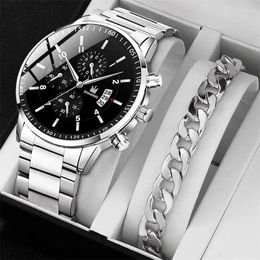 Wristwatches Fashion Mens Stainless Steel Watches Luxury Quartz Wristwatch Calendar Clock Men Business Casual Watch Bracelet Set Reloj