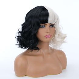 human curly wigs and White Witch Cruella cos Wig Halloween Half Black Half White Wig