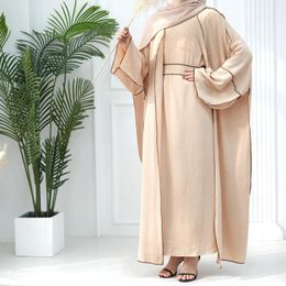 Ethnic Clothing Modest Dress Open Abaya And Hijab 2 Piece Suits For Women Eid Ramadan Muslim Sets Kimono Coat Elegant Islam