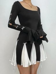 Casual Dresses Black Mini Women Sexy Flare Sleeve Folds Splice Bodycon Dress Female Korean Fashion Sweet Bow Lace Up Pleated