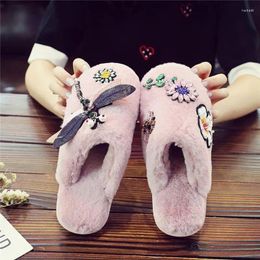 Slippers Plush Cotton 2024 Winter Women Crystal Flower Home Girls Cute Indoor Soft Bottom Non-slip Warm