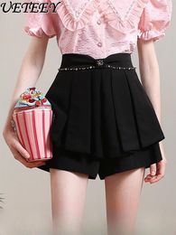 Women's Shorts 2024 Summer Simple Black Women Fashion Chic Beaded High Waist Slimming Double Layer A- Line Short Pants Casual