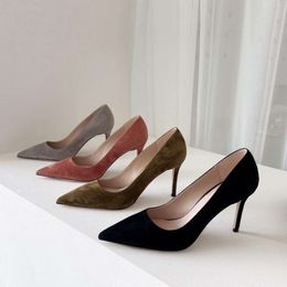 Slippers Dress Genuine Leather Pointed High Heels for Summer, Sheep Suede Shallow Cut Slim Heel Dinner Single Shoes