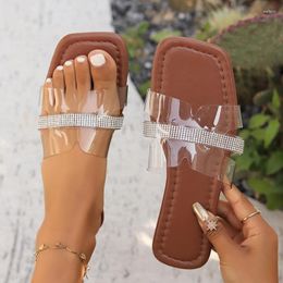 Slippers Transparent Pvc Flat For Women 2024 Shiny Crystal Square Toe Outdoor Slides Woman Plus Size 43 Summer Beach Sandals