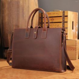 Briefcases 2024 Bags Men Genuine Leather 14 Inch Laptop Briefcase Business Handbag Mans Computer Handbags Retro Fashion