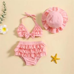 Women's Swimwear 0-24M Fashion Summer Baby Girls Bikini Set Cute Bow Droop Neck Tops Layered Ruffles Shorts Hat Beachwear