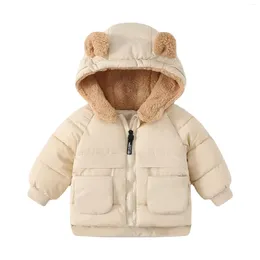 Jackets 2024 Kids Girls Korean Autumn Winter Down Jacket Patched Ear Fleece Warm Parka Thick Puckets Zipper Hoodie Children Coat