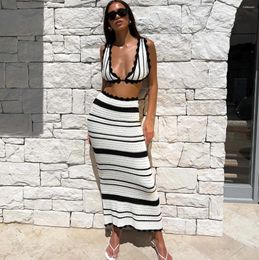 Work Dresses Holiday Knited 2 Pieces Dress Set 2024 Striped Bikini Casual Beach Bohemian Style Contrast Suspender Crop Top Long Skirt Suit