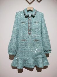 Casual Dresses 2024 Women Fashion Long Sleeve Mint Green Bead Doll Collar Fishtail Tweed Dress 1216