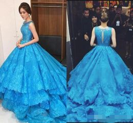 2024 Blue Quinceanera Dresses Lace Applique Jewel Neck Beaded Lace Applique Tiered Chapel Train Sweet 16 Prom Ball Gown Custom Made