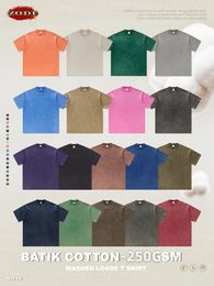 ZODF Mens Summer Batik Washed 250gsm T Shirts Retro Vintage Unisex Basic Loose Solid Cotton TShirt Brand Tops 2024 HY0753 240408