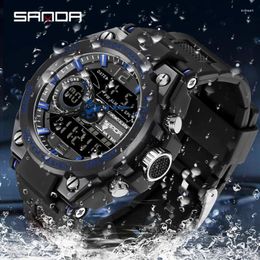 Wristwatches SANDA 6029 2024 Dual Display Outdoor Sports Army Green Strap 50M Waterproof Watch Multifunction LED Digital Watches For Men