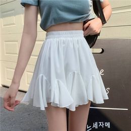 Ny tunn a-line kjol kvinnors sommar ny koreansk preppy stil hög midja bantning student kjol mode mångsidig bollklänning veckad solid färg minikjolar kvinna