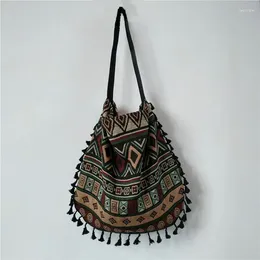 Bag 2024 Vintage Bohemian Fringe Linen Canvas Shoulder Women Tassel Boho Hippie Gypsy Women's Handbags Open Tote 7110