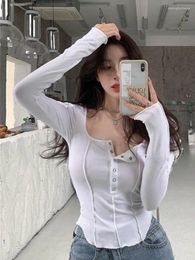 Women's T Shirts Black White Shirt Women Cotton Button Elasticity Slim Long Sleeve 2024 Fall Tops Fashion Korean Style T-shirt Womens