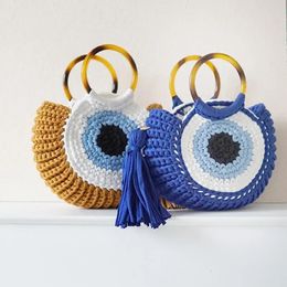 Rope Crochet Handbags Tassel Eyes Tote Round Handle Clutch Female Handmade Knitting Yarn Beach Bags for Women Woven Shoulder Bag 240415
