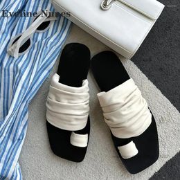 Slippers Pleated Clip Toe Flat Sandals Bicolor Square Slip On Side Air Slingback Casual Beach Shoes Woman 2024 Trend Summer