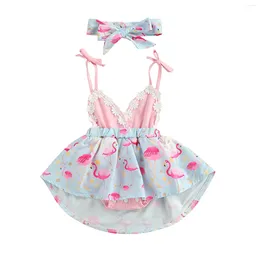 Girl Dresses 2Pcs Baby Girls Outfit Summer Cartoon Flamingo Printing Flower Decoration Splicing Skirt Sleeveless Suspender Romper Headwear