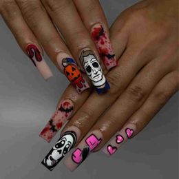 False Nails 24pcs Pumpkin Skull Pinted False Nail for Halloween Nail Art Supplies for Girl Women Halloween Style Fake Nail Tips Wearable Y240419