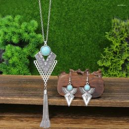 Necklace Earrings Set Antique Silver Colour Vintage Ethnic Sweater Chain Long Personalised Tassel Pendant Turquoise Jewellery