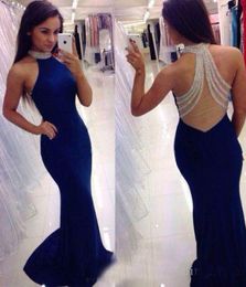 Royal Blue Fitted Slim Mermaid Evening Dresses Formal Party Wear High Neck Bling Crystal Long Prom Gown Cheaper5339064