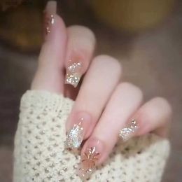 False Nails 24pcs Glitter Fake Nail Patch Fireworks Pattern False Nails Full Cover Wear Square Head French Press on Nails for Girls Women Y240419