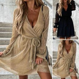 Casual Dresses Bright Silk Dress Stylish Soft Vacation Lace-up Waist Tight Pleated Female Clothing