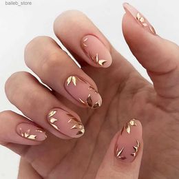 False Nails 24pcs Gold Foil Leaf Fake Nails Nude Color Almond False Nails Autumn Women Lady Wearable Manicure Set Artificial Nail Patches Y240419