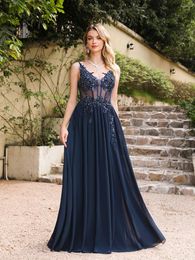 Party Dresses MisShow Navy Blue V Neck Evening 2024 Elegant 3D Lace Illusion Spaghetti Straps Prom Gowns Formal Vestido De Gala