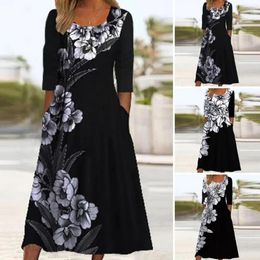Casual Dresses Women Printed Maxi Dress Round Neck Elegant Floral Long Sleeve For Mid-waist Pullover